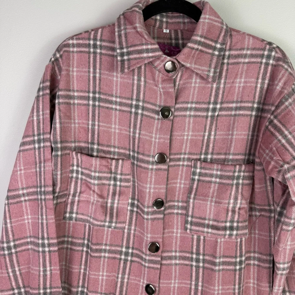 Yakita Womens Plaid Flannel Shirt Jacket Pink Button Down NWT Small - Picture 3 of 11